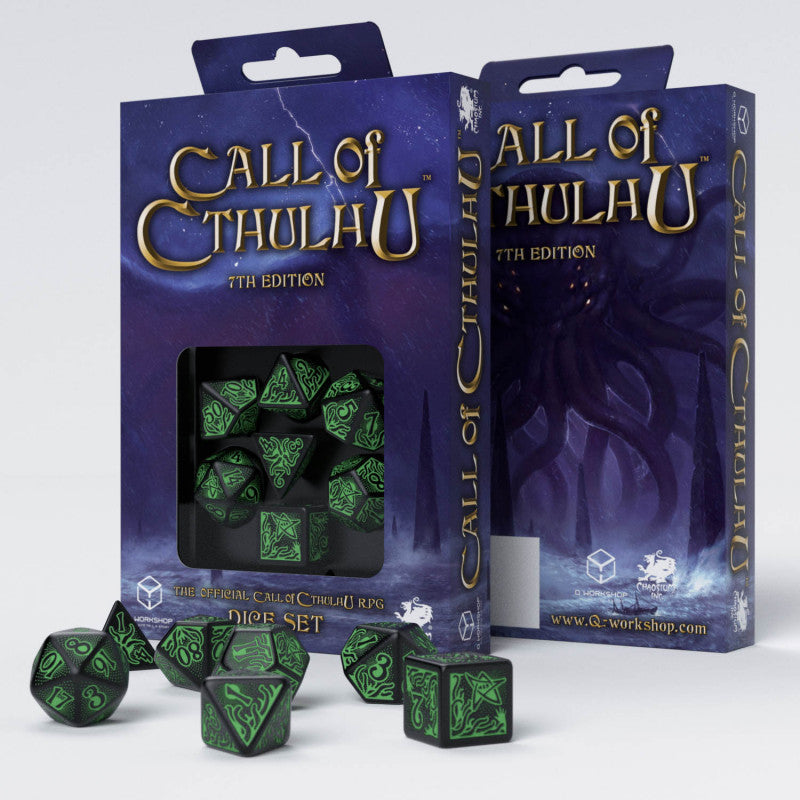 Set di Dadi Poliedrici Call of Cthulhu 7a Edizione Nero e Verde Intenso