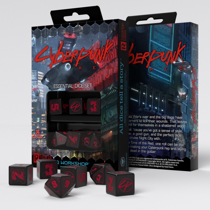 Set Dadi Essenziali Cyberpunk Red: Night City, 6 Pezzi, Neri e Rossi