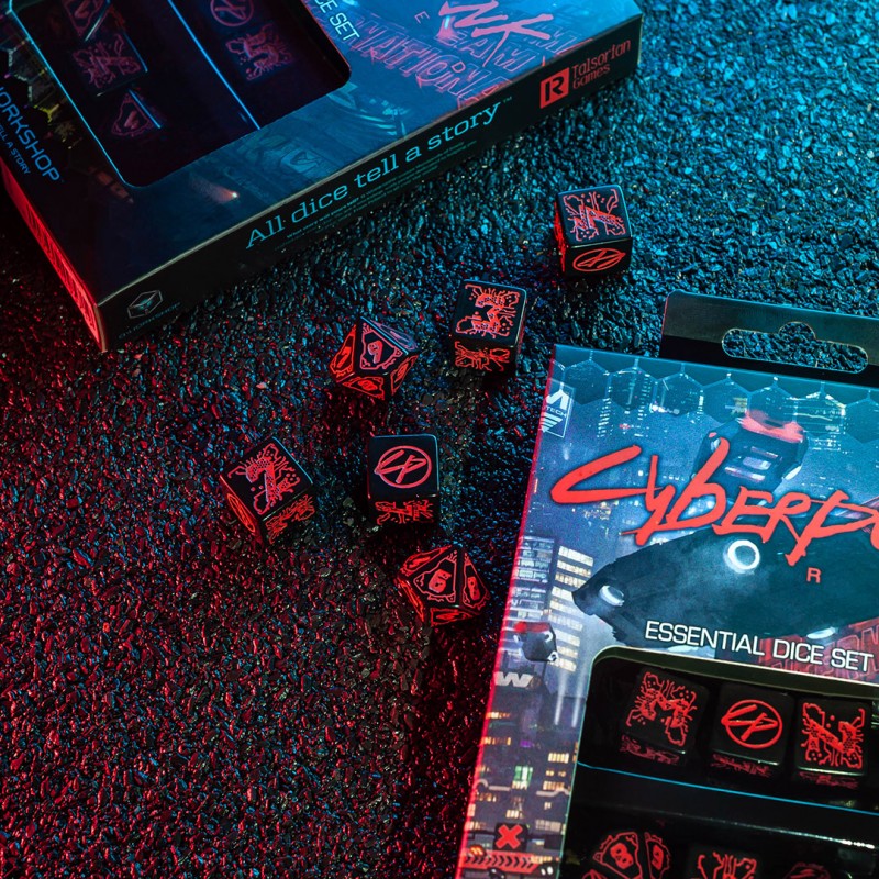Set Dadi Essenziali Cyberpunk Red: Night City, 6 Pezzi, Neri e Rossi