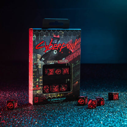 Set Dadi Essenziali Cyberpunk Red: Night City, 6 Pezzi, Neri e Rossi
