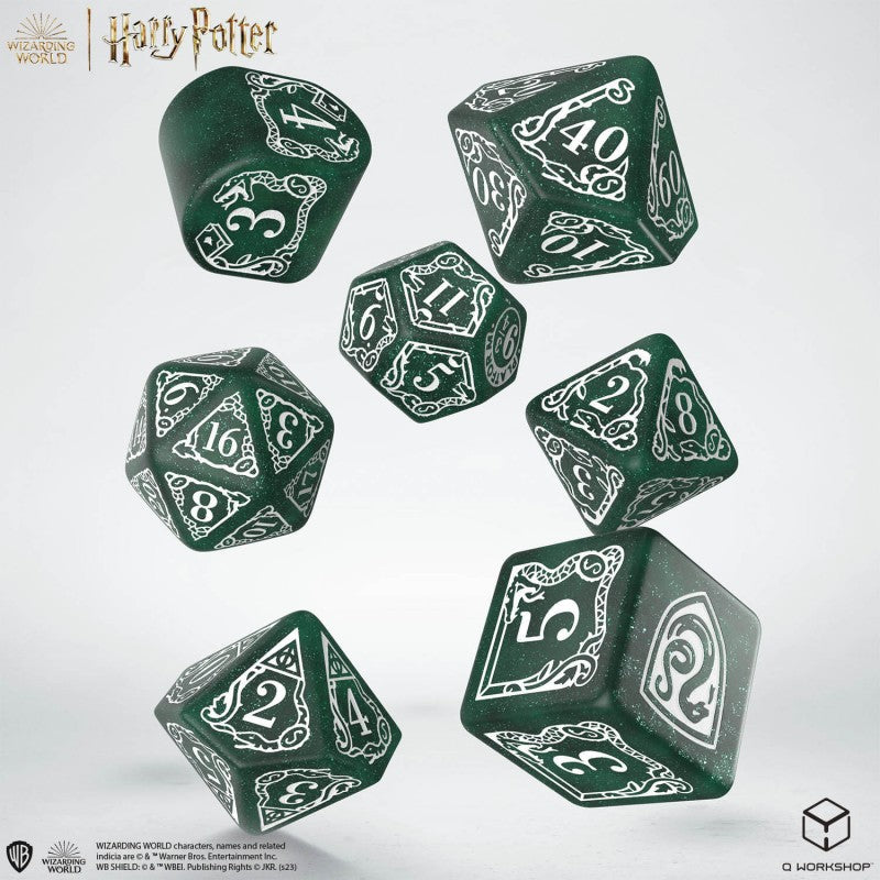 Set Dadi Moderni Harry Potter Serpeverde Verdi Scintillanti con Simboli Magici