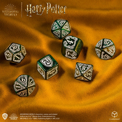 Set Dadi Moderni Harry Potter Serpeverde Verdi Scintillanti con Simboli Magici