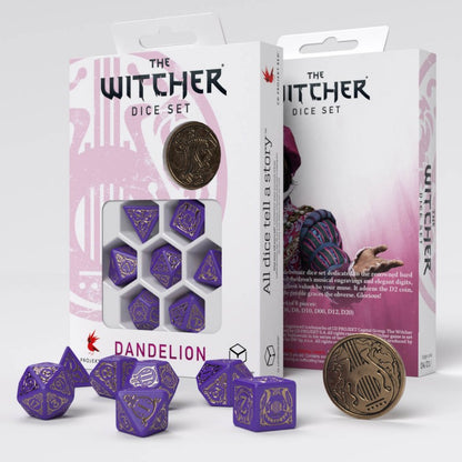 Set Dadi Poliedrici The Witcher Dandelion Visconte Lettenhove Viola Oro, 8 Pezzi Edizione Speciale