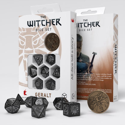 Set Dadi Witcher Geralt Spada d'Argento, Poliedrici Neri Incisi, Edizione Q Workshop